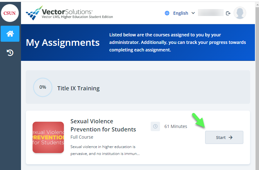 Title 9 "Not Anymore" education course home page and "start" button