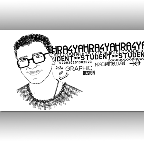 Portrait of a young man wearing glasses. The image is made entirely of letters that form the face.  Letters are black on a white background.  There are more words and letters in the background spelling out the artist’s name, graphic design, student and 2020.