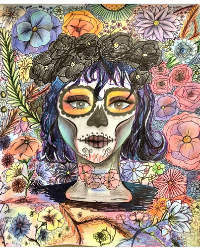 Pen and color pencil portrait of a face with Dia de los Muertos designs.  The background is filled with flowers of all colors, shapes and styles.
