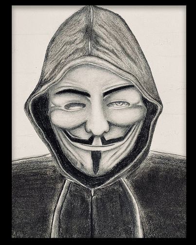 Graphite pencil drawing of masked face.  Mask is in style of V for Vendetta, Anonymous or Guy Fawkes.