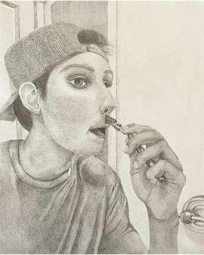 Realistic monochromatic graphite drawing of a teenage boy shaving in the mirror for the first time.