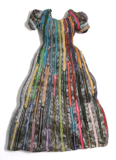 Hand constructed sculptural dress, made with dress makers pins and multi colored zippers.