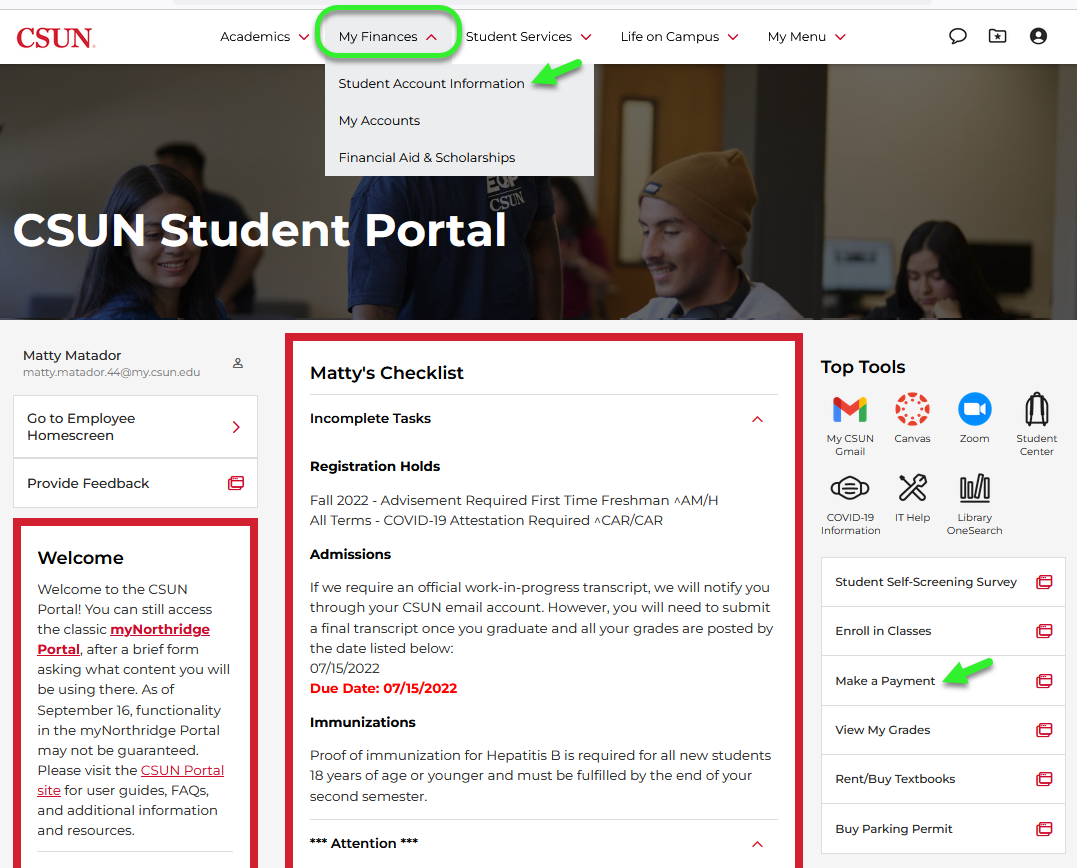 My Finances menu in top navigation of portal with Student Account Information link