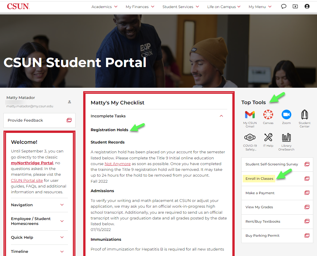 CSUN Portal home page, Top Tools and right panel with Enroll in Classes link