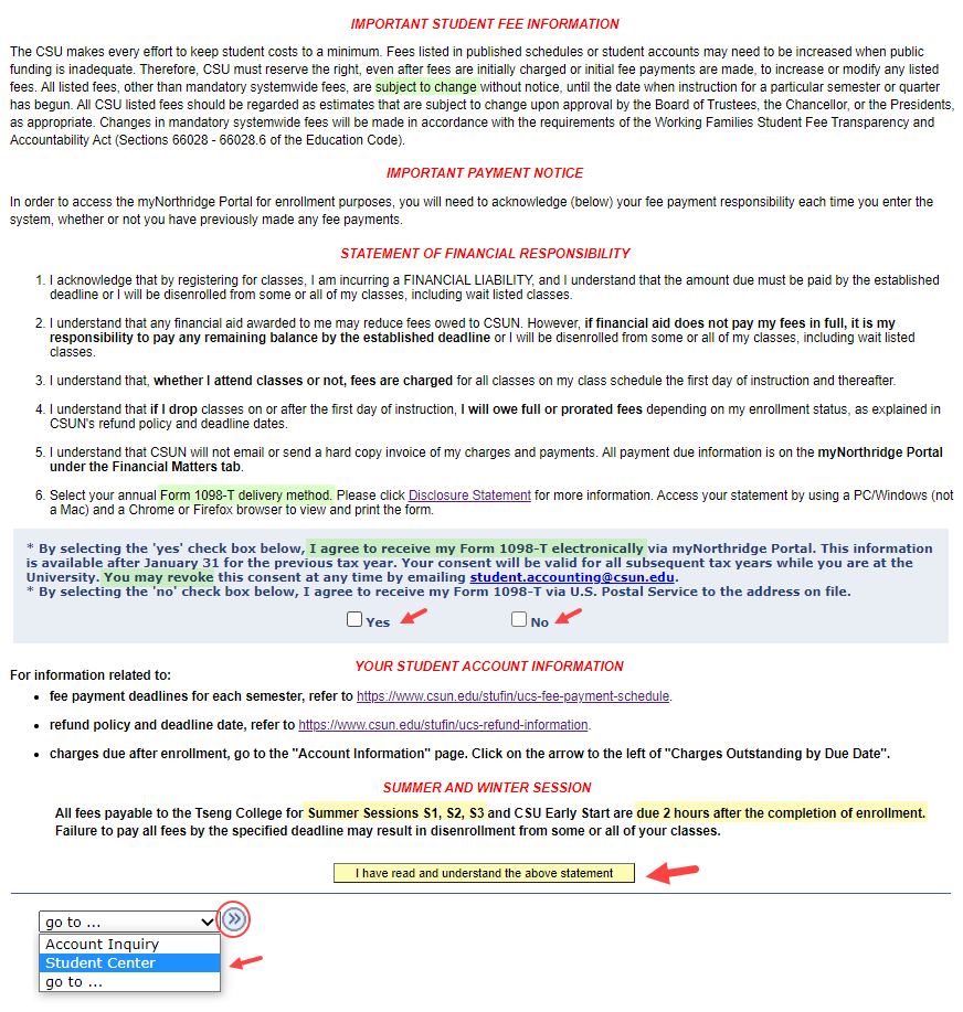 Payment Notice, Statement of Financial Responsibility and 1098-T info.