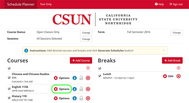 Location of "Options" link on Registration Planner home page.