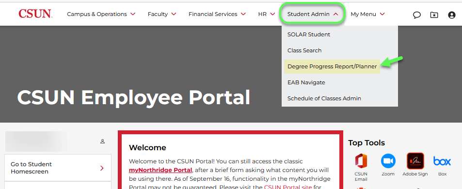 On portal home page, navigate to the DPR/Planner via the top Student Admin menu