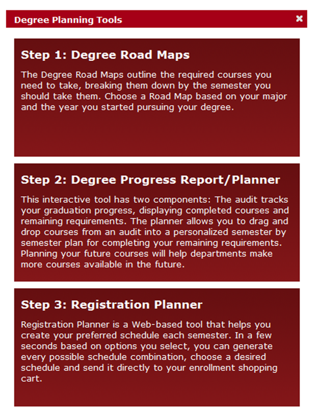 Light box lists three degree planning tool options.