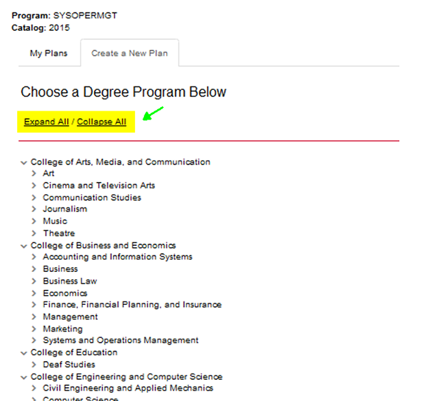 Choose a degree program to change your plan default.