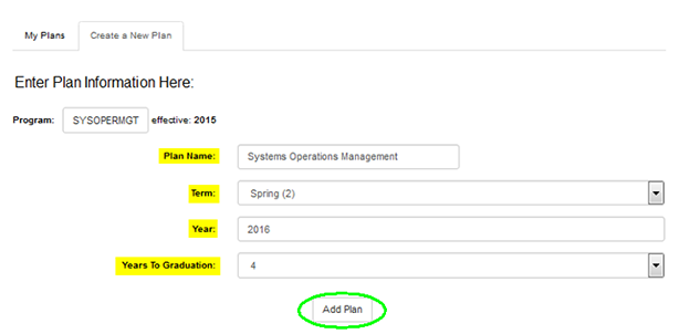 Enter Plan information such as plan name, term, year, and years to graduate.