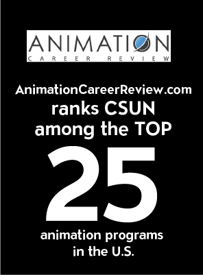 Tile stating that AnimationCareerReview.com ranks CSUN among the TOP 25 animation programs in the U.S.