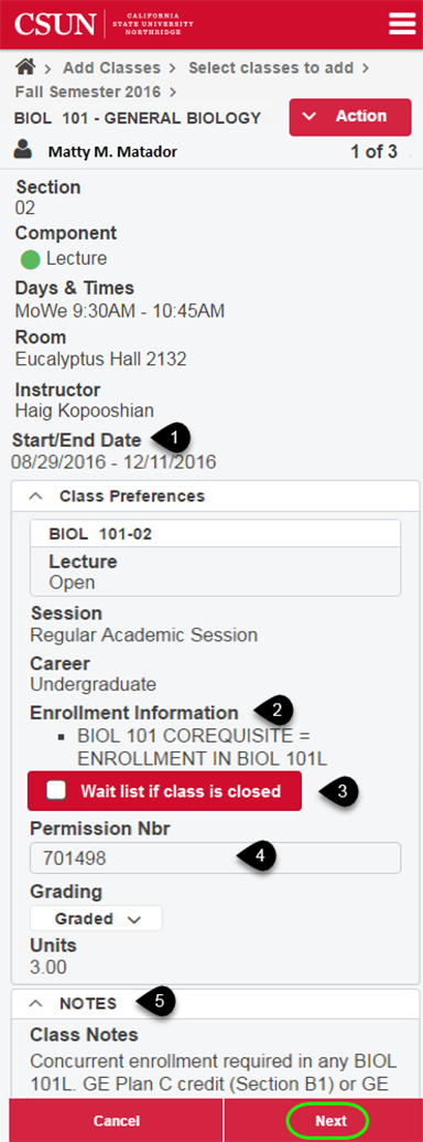 Class details show requirements and waitlist and permissions options.