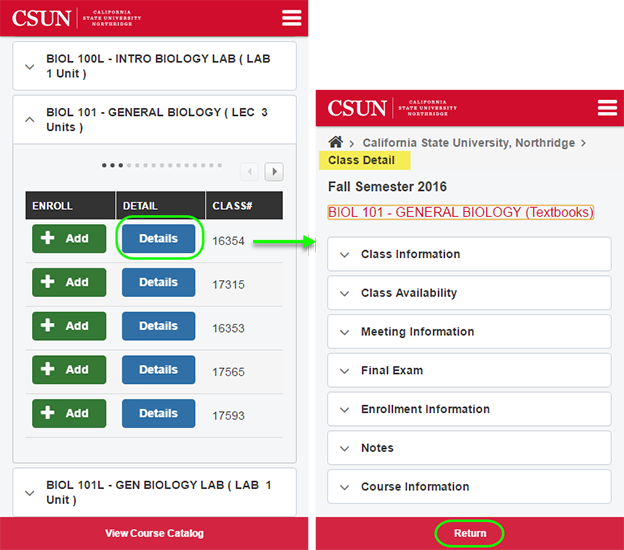 Class Search details page.