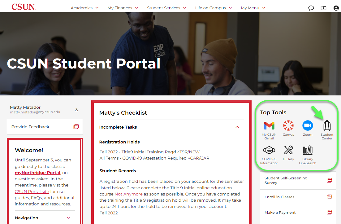 CSUN Portal home page with Top Tools and the Student Center icon link