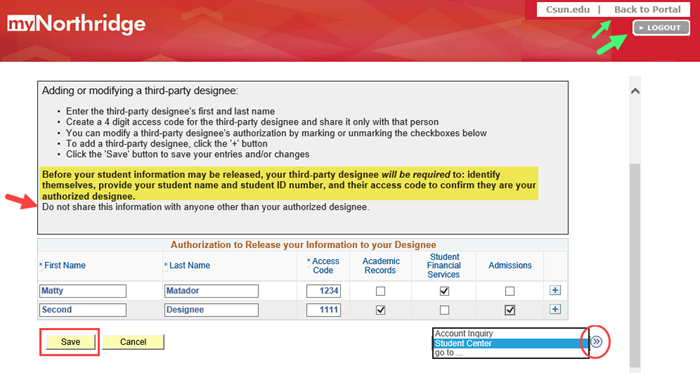 Instructions you provide to third-party designee(s) and navigation to Portal