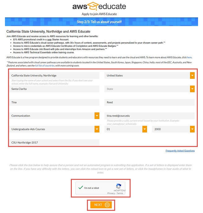 AWS Educate application form. 