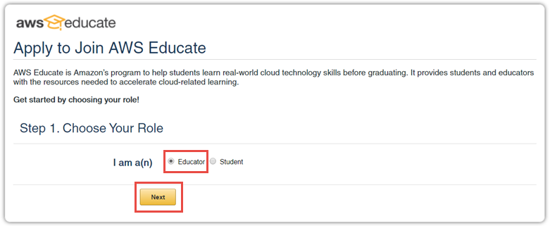 AWS Educator option and Next button. 