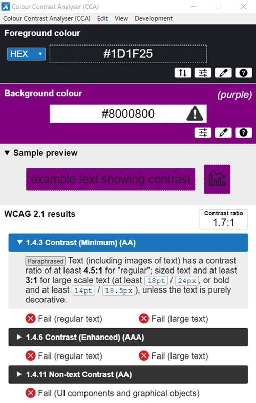 Color Contrast Analyser displaying a failing color contrast