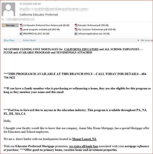 Phishing email example, California Educator Preferred. 