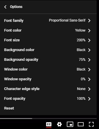 Captions font, color, size, and background options