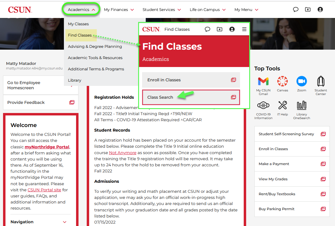 Portal home page and top nav Academics menu with Find Classes link