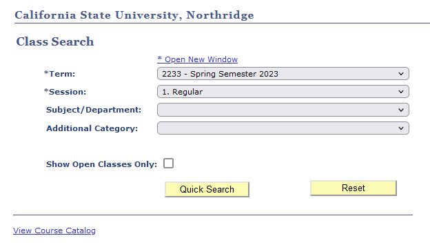 Class Search criteria page with four drop-down menus and two button links