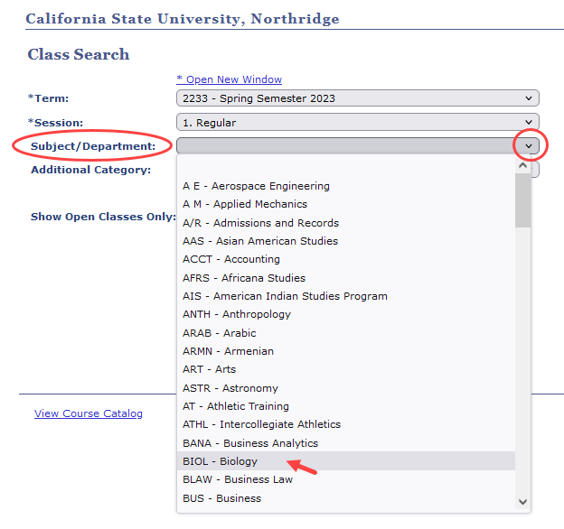List of Course Subjects drop-down menu in alphabetical order by abbreviation
