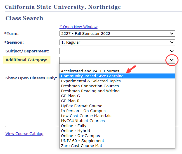 List of additional categories in the drop-down menu to narrow your search