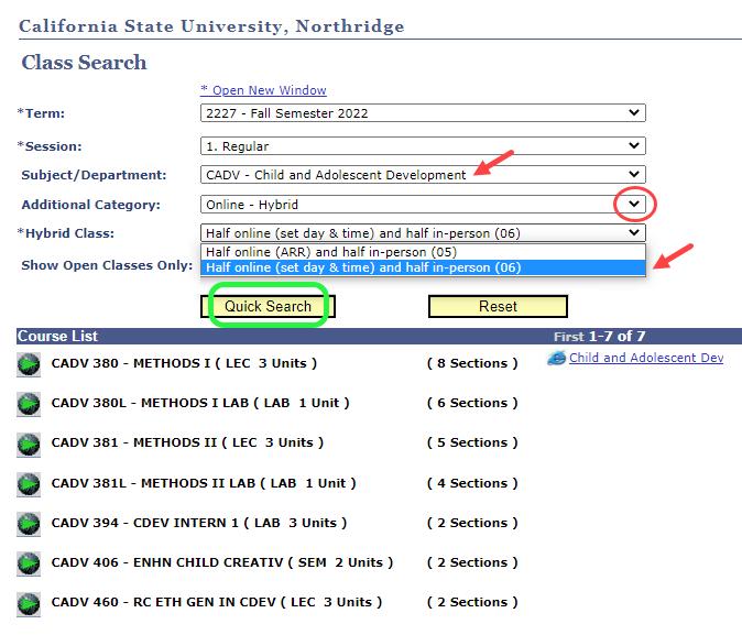 Filter for CADV online hybrid classes and results for OH synchronous sections