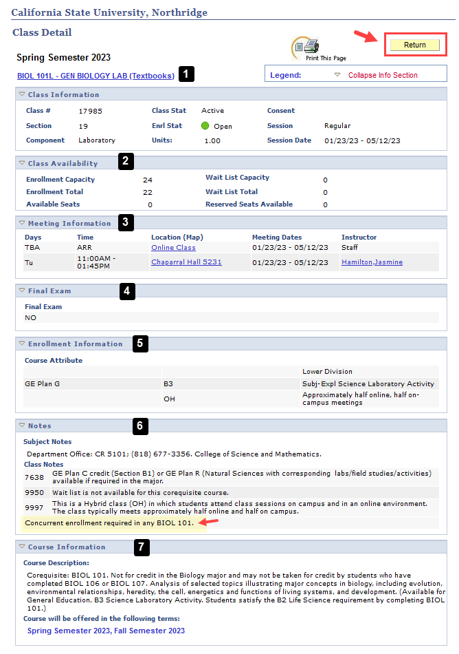 Class Detail view for one section of BIOL 101 lab with important instructions