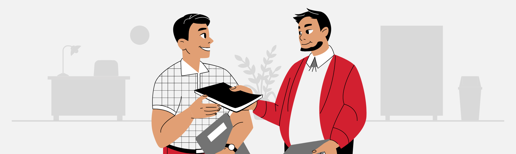 web banner, illustration of a member handing a book to another member 