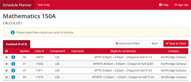 View class sections and their times.