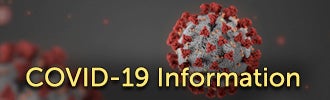 COVID-19 Information link featuring a microscopic picture of virus