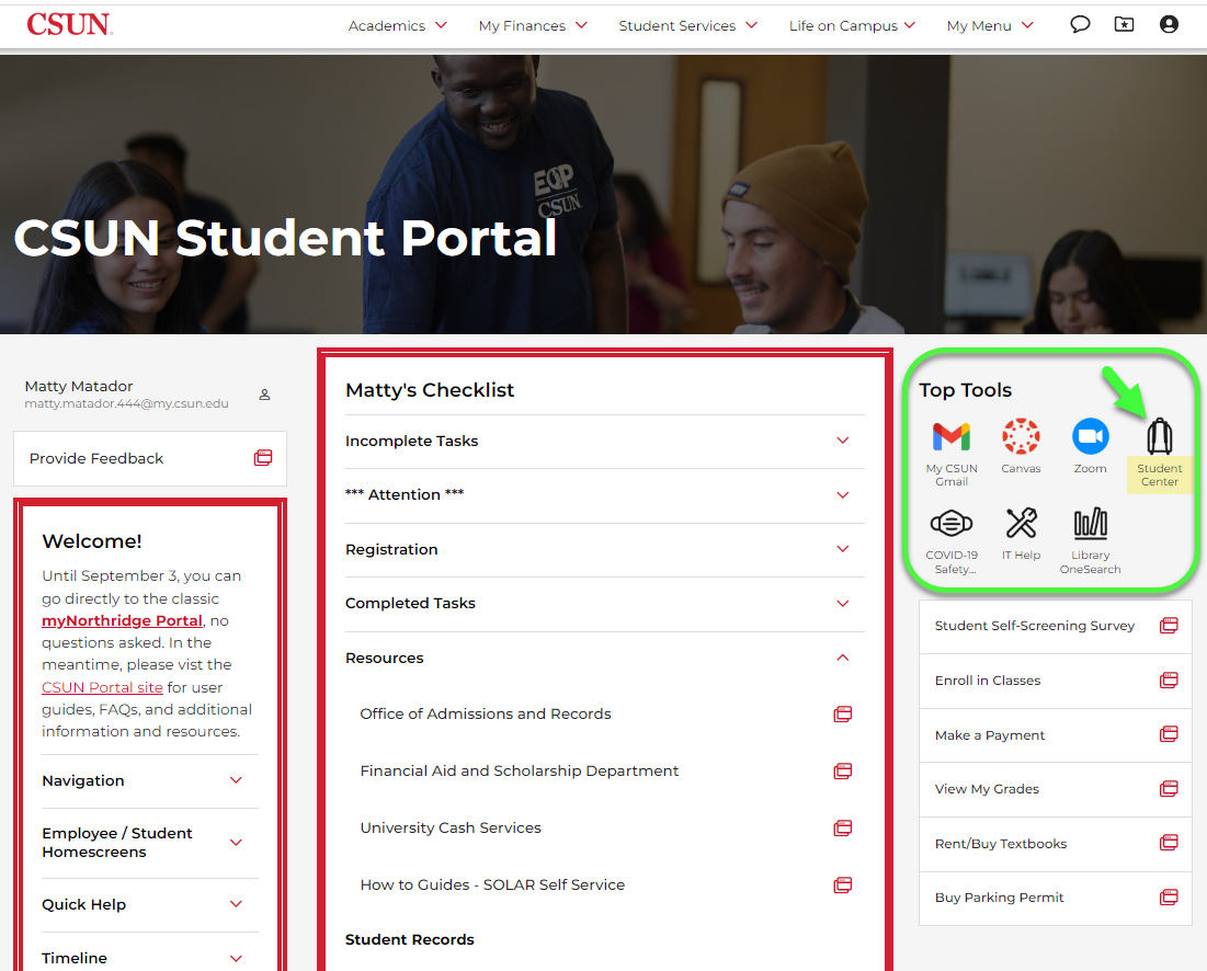 CSUN Portal home page and Top Tools with backpack icon link to Student Center