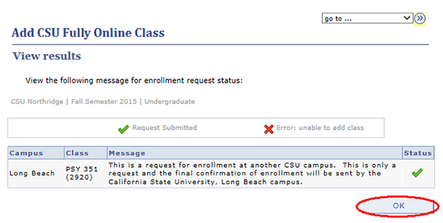 Message shows the status of your enrollment request: submitted or not.