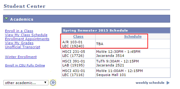 Class schedule showing the CourseMatch placeholder class.