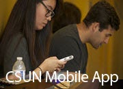 "CSUN Mobile App" graphic, a woman using a smartphone. 
