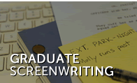 Computer keyboard, scripts, yellow post-it note/graduate screenwriting button