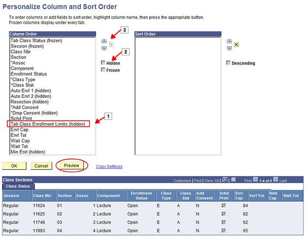 Freeze or hide page elements using the column and sort order boxes.