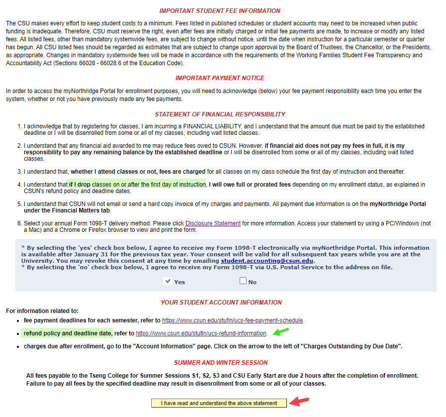 Payment Notice, Statement of Financial Responsibility and 1098-T info