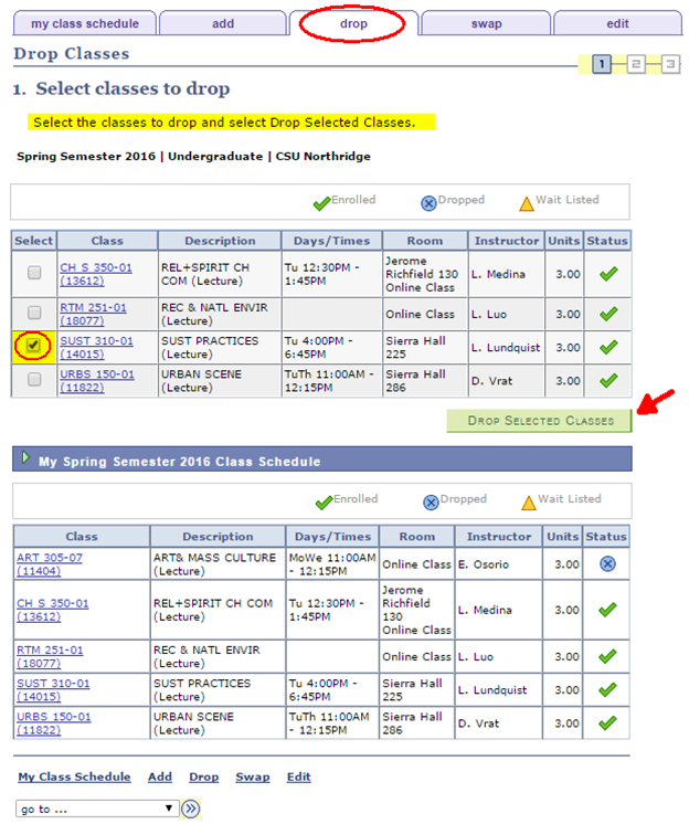 The Drop classes page displays.