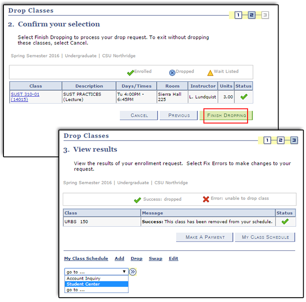 The Confirm selection and View Results pages.