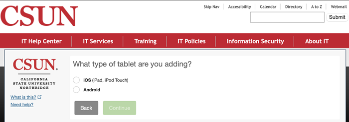 What type of tablet are you adding, and continue button. 