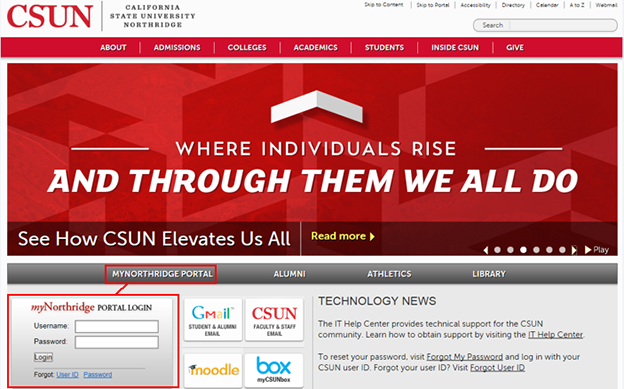 CSUN home page with portal login box open
