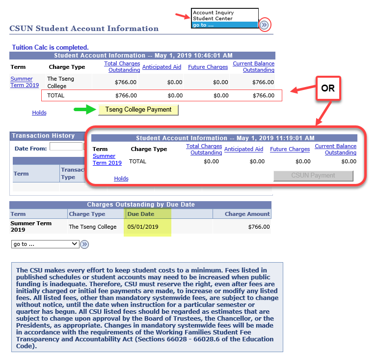 Student Account Info page with amount owed (zero or $766) and due date