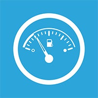 icon of fuel gauge showing quarter tank left against blue background
