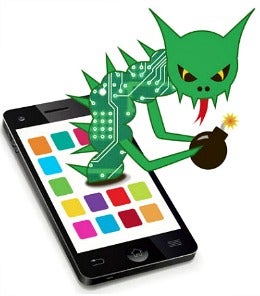 A cartoon illustration of a virus inside a smartphone.