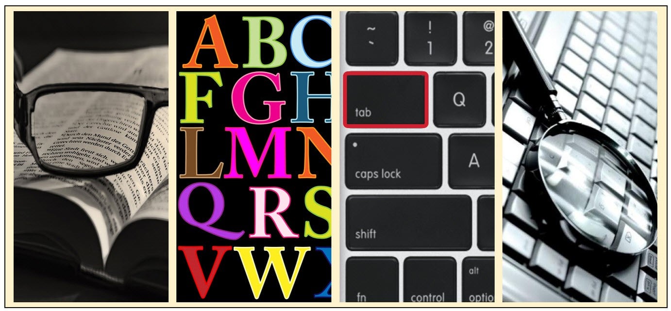 Four-point accessibility evaluation categories "eyeglasses on top of textbook, alphabet colors, keyboard tab function, and magnifying glass on keyboard."