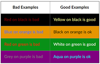 Bad and good examples of color contrast.