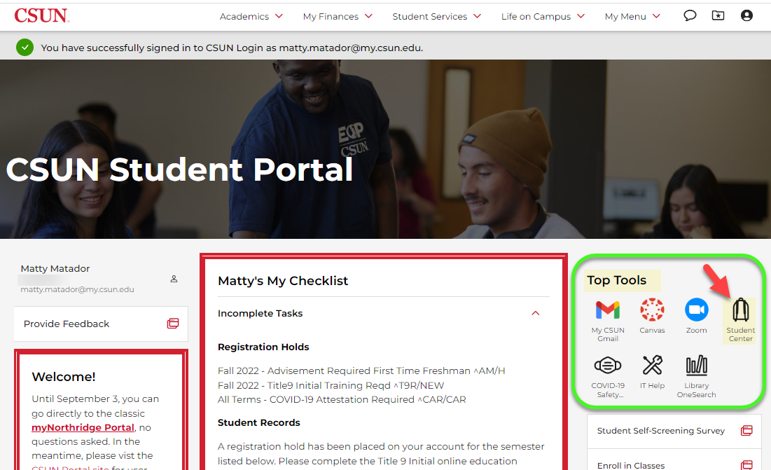 CSUN Portal home page with Top Tools section and backpack link to Student Center